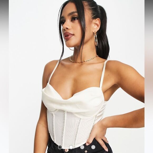 ASOS DESIGN NWT stretch satin corset with diamante trim in ivory - Picture 3 of 6